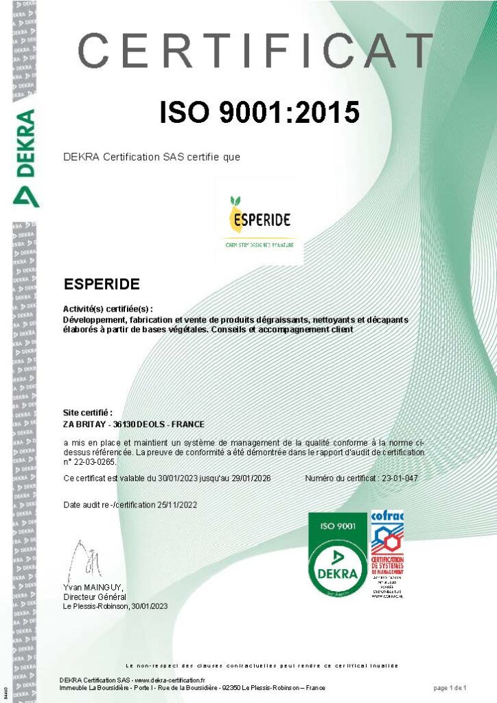 ESPERIDE est certifiée ISO 9001 !